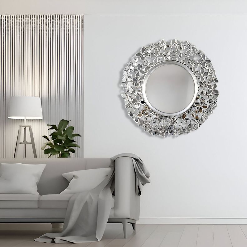 Espejo Decorativo Marco Plateado Mariposas Redondo 60cm Jhn-5