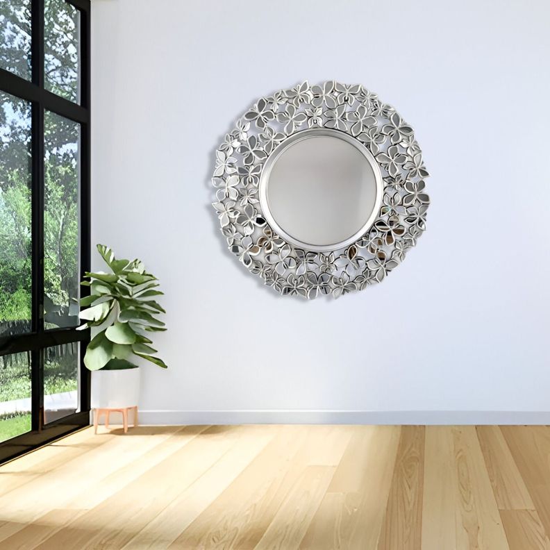 Espejo Decorativo Marco Plateado Mariposas Redondo 60cm Jhn-6