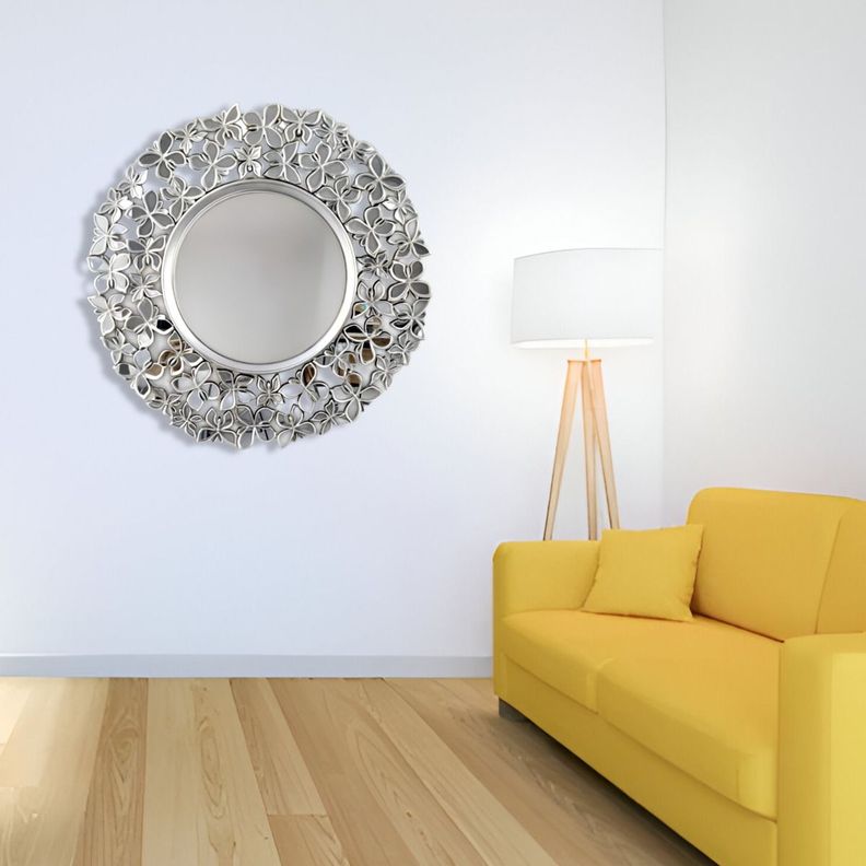 Espejo Decorativo Marco Plateado Mariposas Redondo 60cm Jhn-7