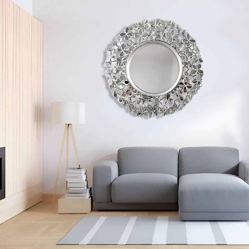 Espejo Decorativo Marco Plateado Mariposas Redondo 60cm Jhn-8