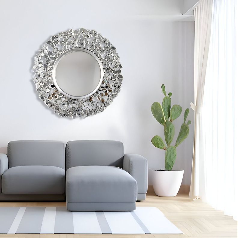Espejo Decorativo Marco Plateado Mariposas Redondo 60cm Jhn-9