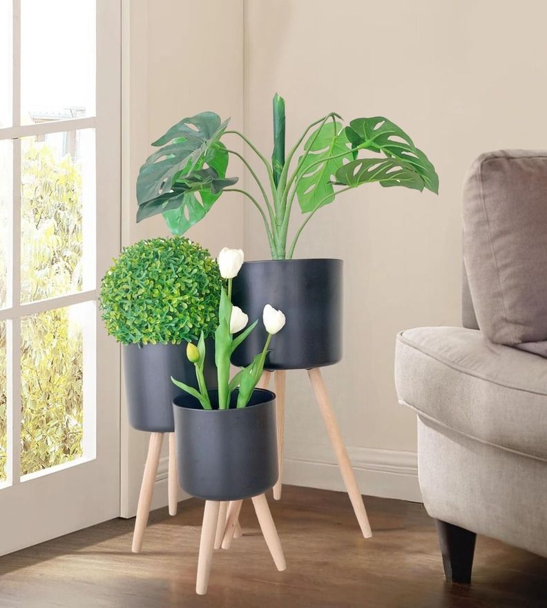 Set Macetas Planta Flores Interior Exterior Patas Negra Jhn-3