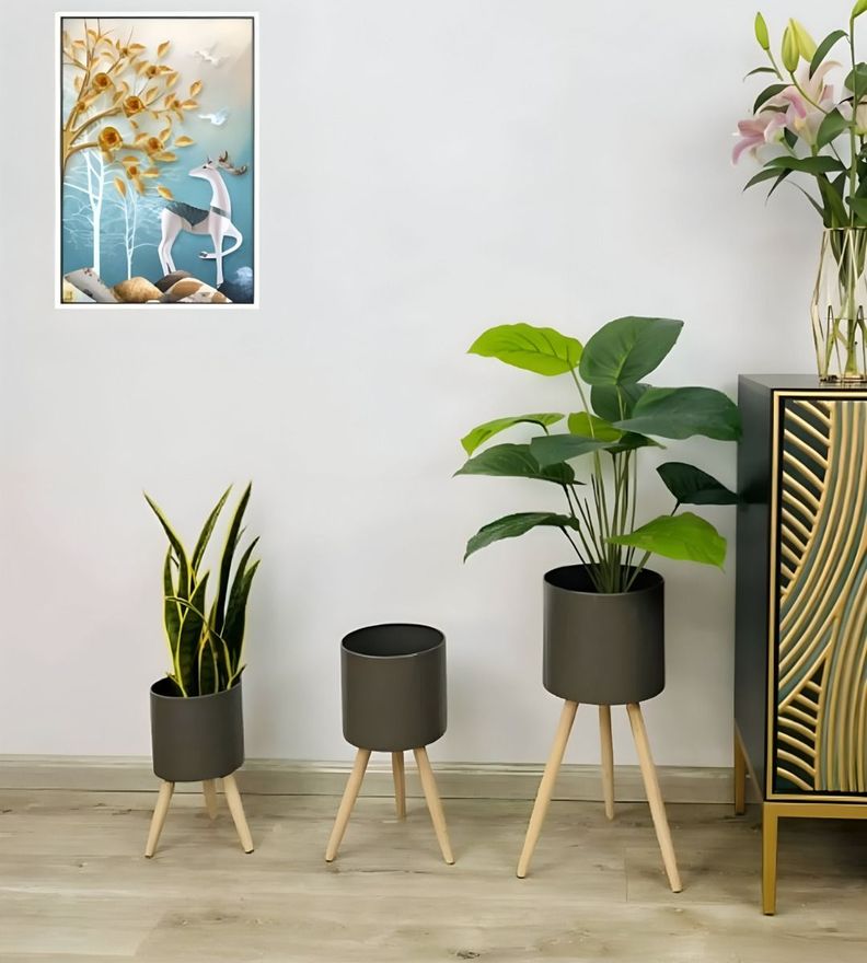 Set Macetas Planta Flores Interior Exterior Patas Negra Jhn-5