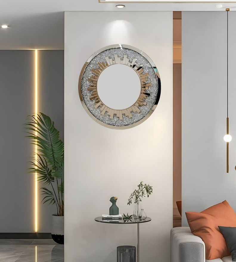 Espejo Pared Estilo Diamante Cristal Redondo Plateado Jhn-5