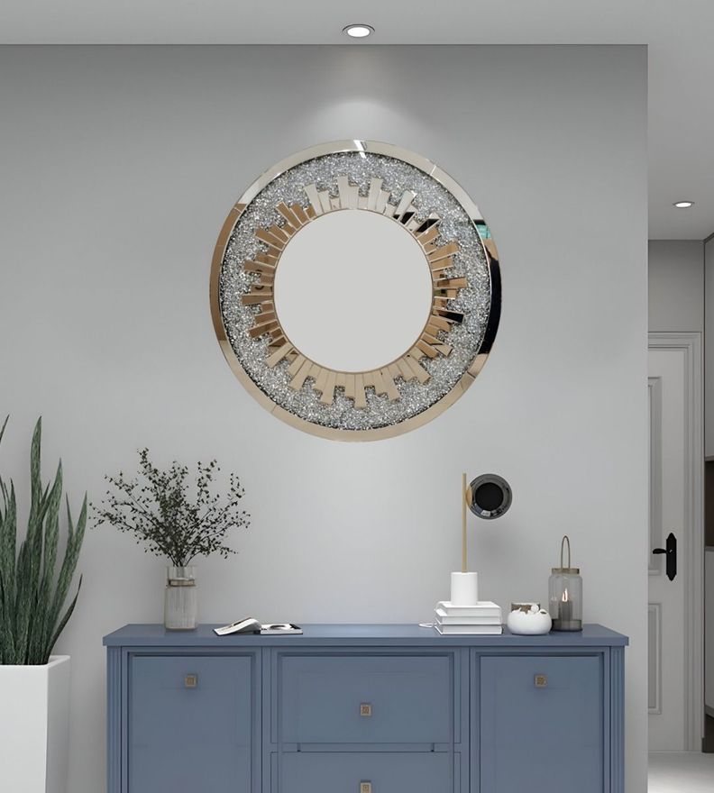 Espejo Pared Estilo Diamante Cristal Redondo Plateado Jhn-7