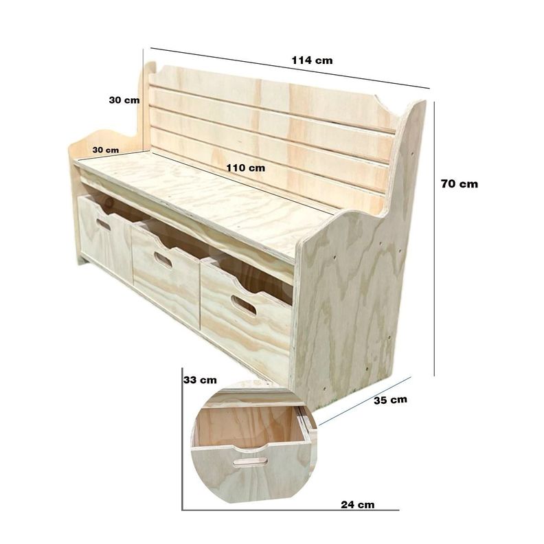 Banco Organizador de Madera Natural con 3 Cajones114x35-1