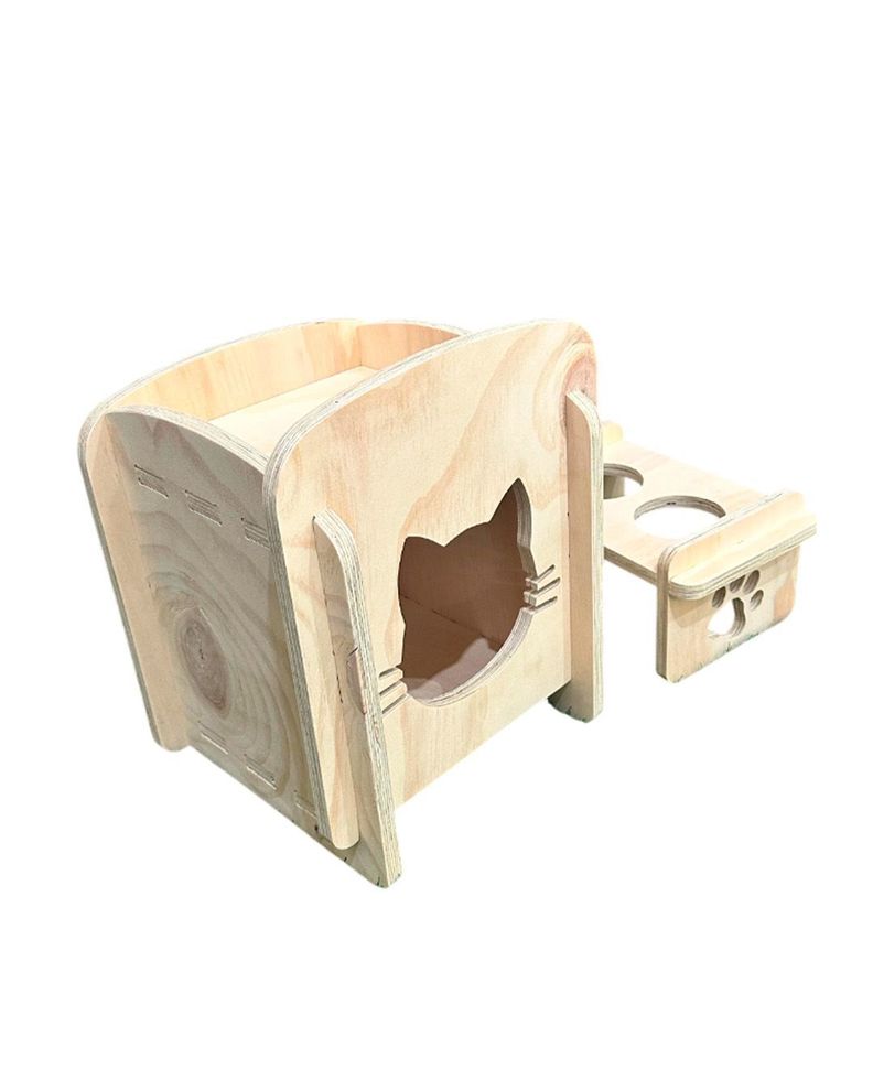 Casa Comedor De Madera Para Gatos - Diseño 2 En 1-0
