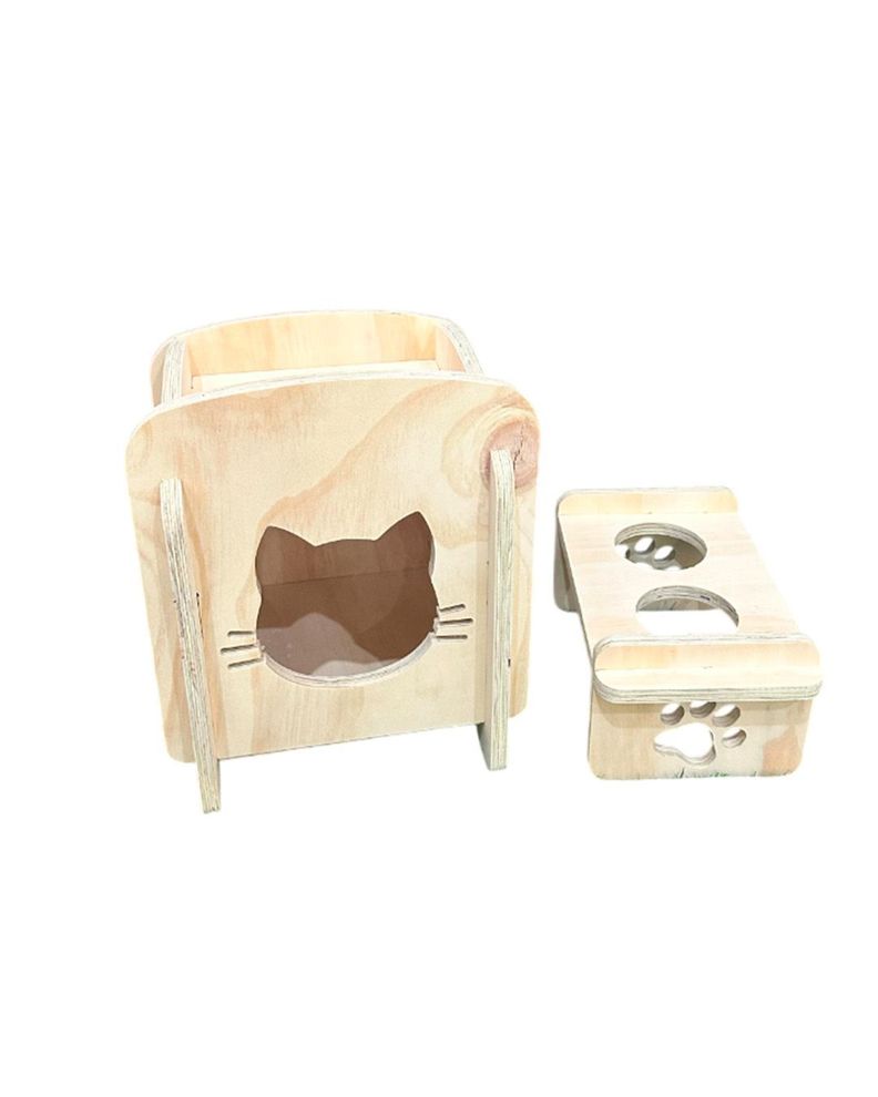 Casa Comedor De Madera Para Gatos - Diseño 2 En 1-2