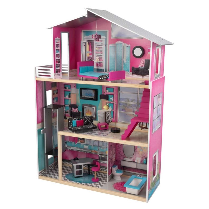 Casa Muñecas Luxury De Madera De 3 Pisos, 4 Piezas, Ascensor  Y Accesorios Para Muñecas Tipo Barbie-0