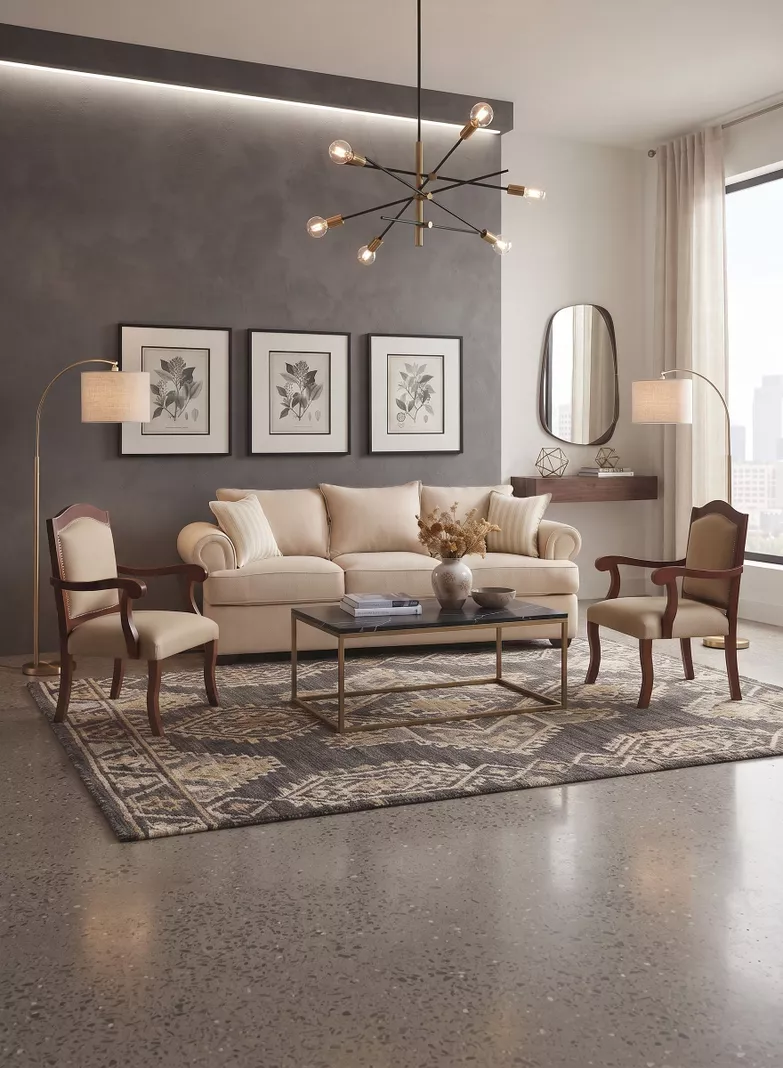 Juego de Living 311 Antonia beige claro sofa con resortes + 2 sitiales madera
