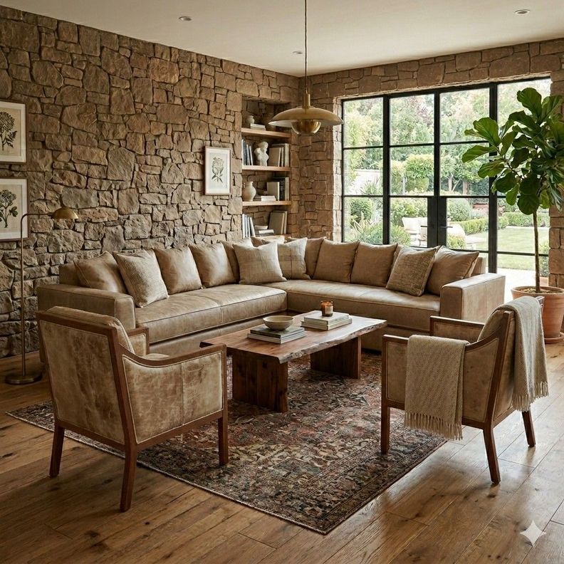 Living 311 Burton Beige en cuero sintetico envejecido seccional resorte f comfort + 2 sitiales