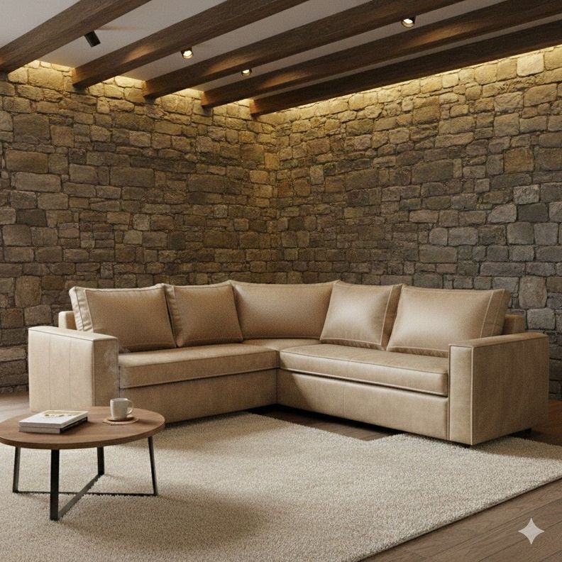 Sofa Seccional Jack beige cuero sintetico envejecido y asientos de resortes pocket