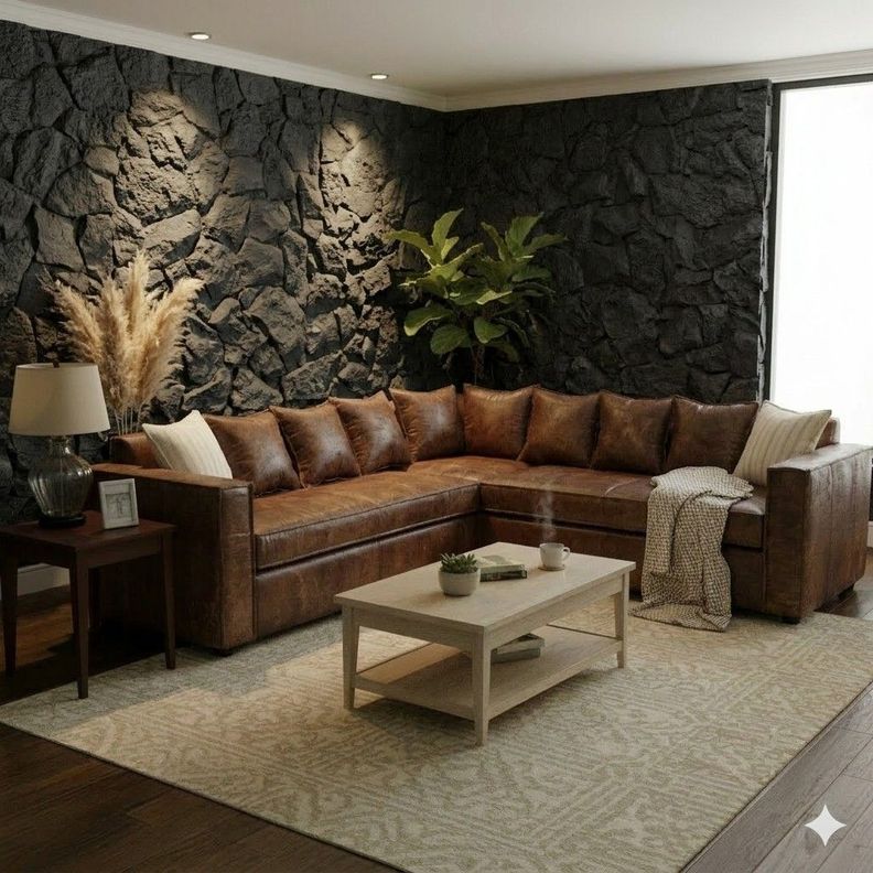 Sofa Seccional Burton cafe de cuero sintetico envejecido con asientos de resortes pocket