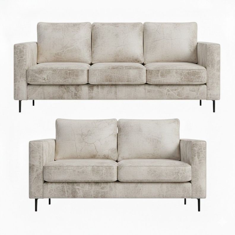 Juego Living 3-2 Tennese Blanco Bone cuero sintetico envejecido con asiuentos de resorte pocket Blanco Invierno