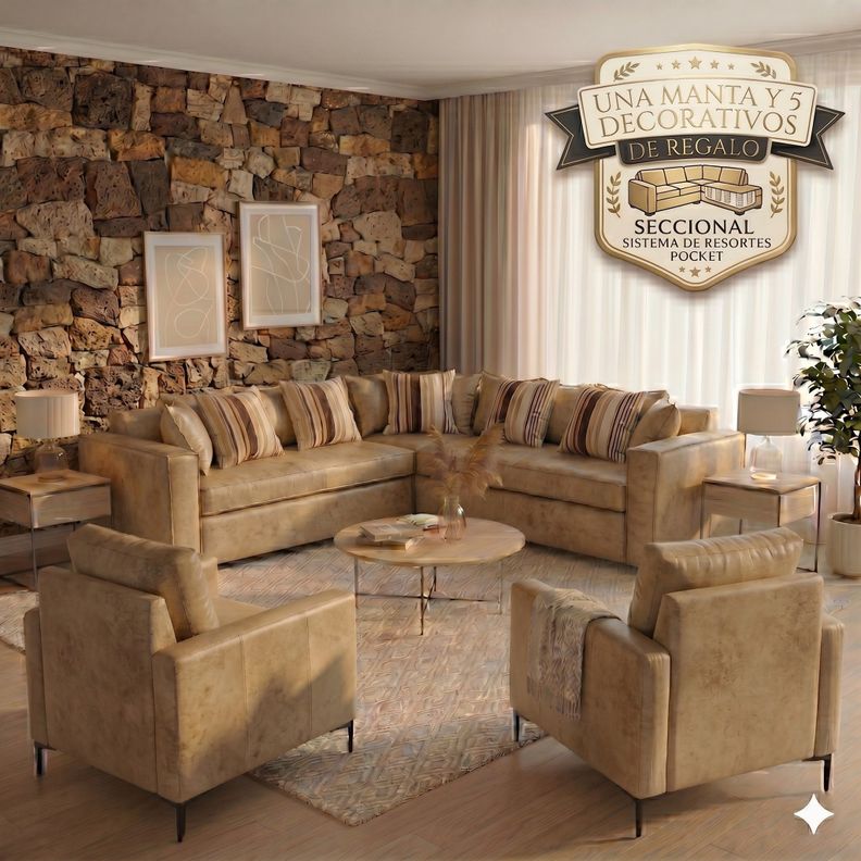 Living 311 New Orleans Beige cuero sintetico envejecido seccional +2 poltronas  resorte pocket