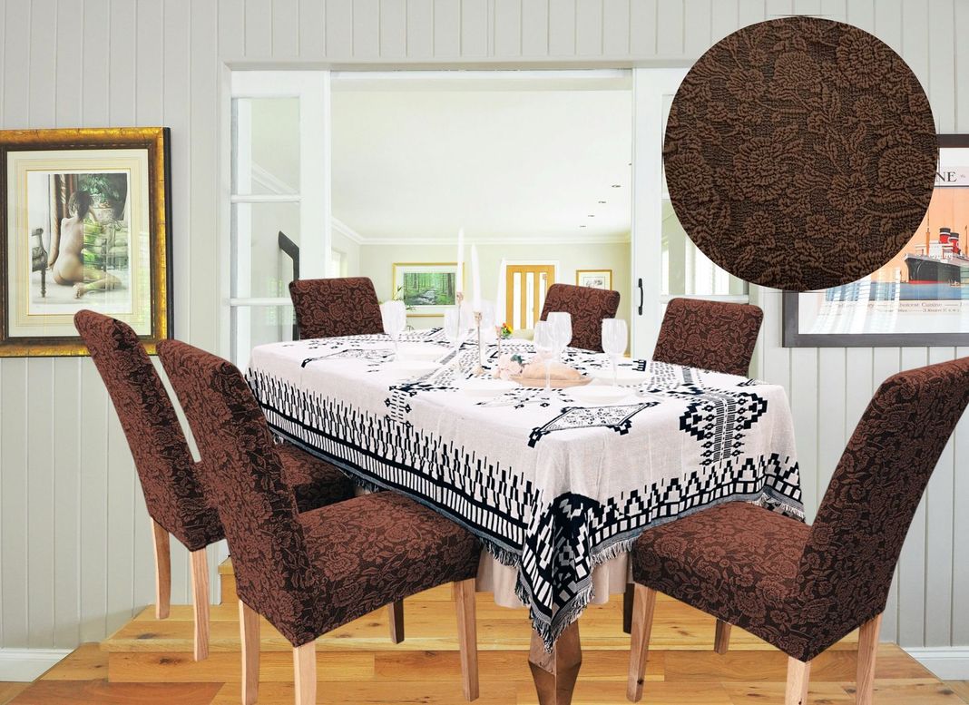 PACK DE 6 FUNDAS CUBRE SILLAS DE COMEDOR FLORES CAFÉ-0