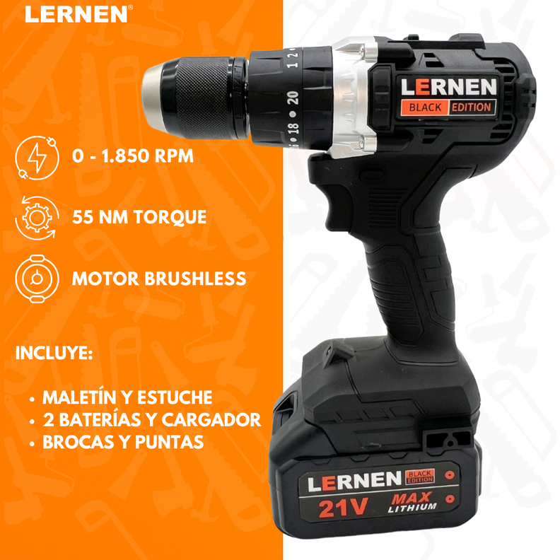 Taladro Percutor Black Edition Brushless LERNEN + Baterías + Bolso + Accesorios-1