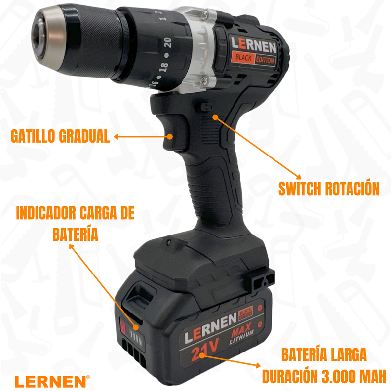 Taladro Percutor Black Edition Brushless LERNEN + Baterías + Bolso + Accesorios-2