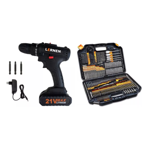 Pack Taladro Destornillador Inalámbrico 21v + Set 246 Brocas-0