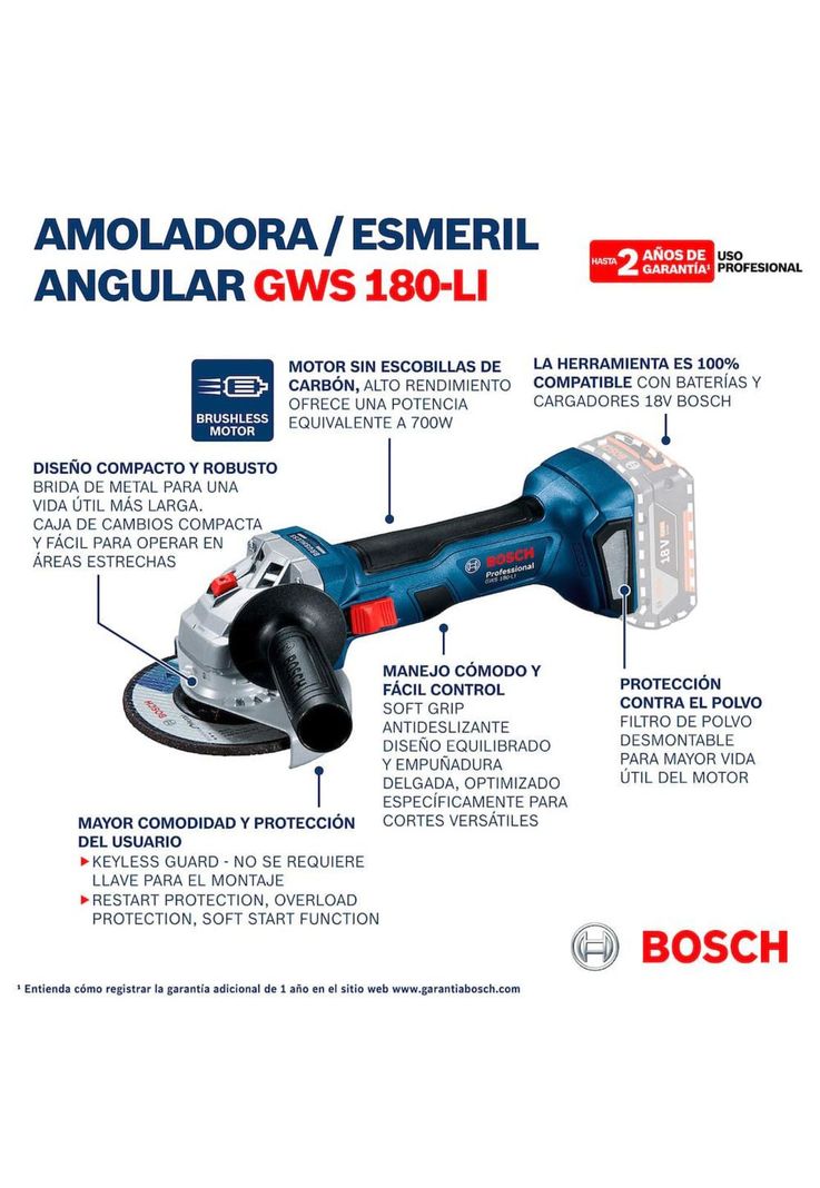 ESMERIL ANGULAR BOSCH 7 GWS 180-LI PROF SIN BAT NI CARG-7