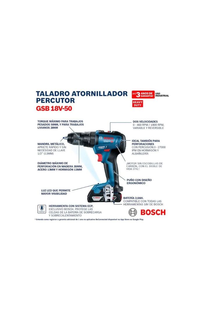 Taladro percutor inalambrico Bosch GSB 18V-50-2