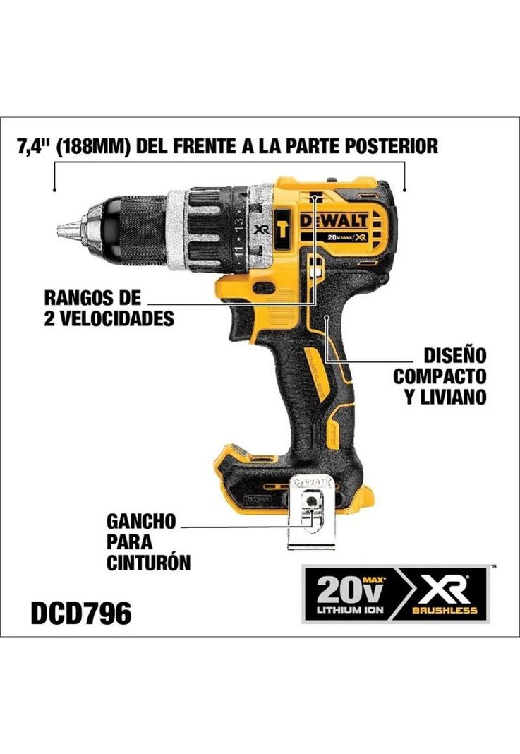 TALADRO PERCUTOR INALBRICO DEWALT DCD796 20V-4