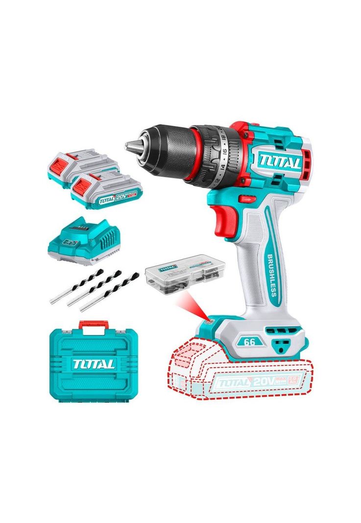TALADRO PERCUTOR TOTAL 13MM 20V+2B 2A+C+MAL TIDLI20668-7 Verde