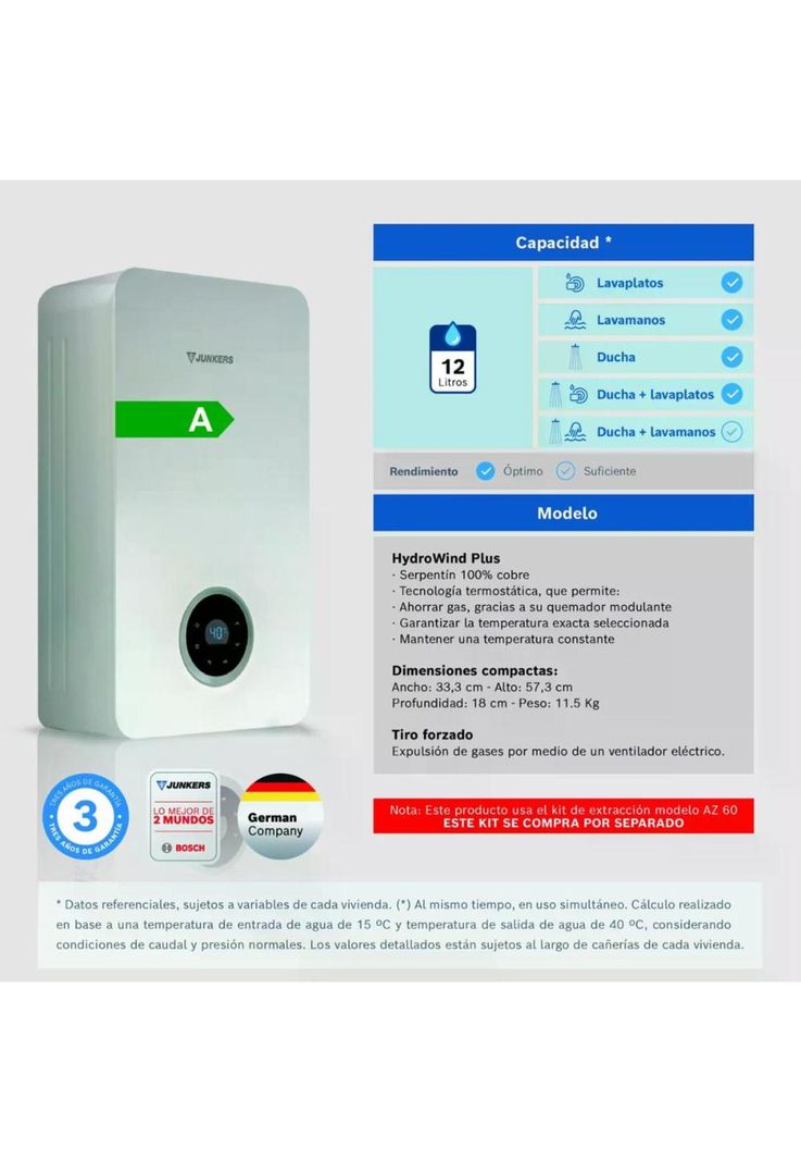 CALEFON JUNKER GAS NATURAL 12 LITROS TIRO FORZADO WTDE12-KME 23-2