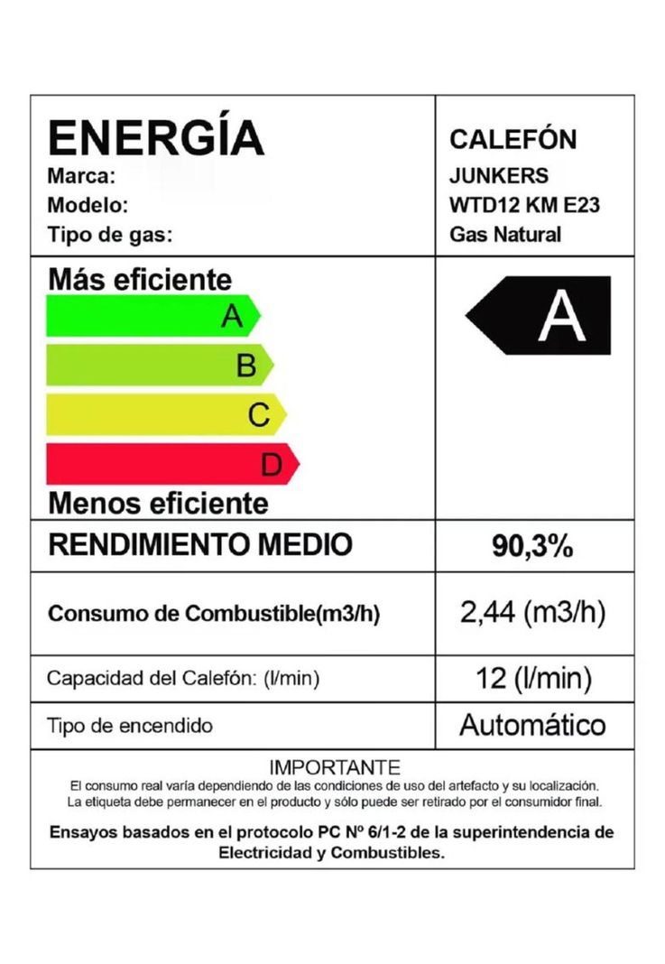 CALEFON JUNKER GAS NATURAL 12 LITROS TIRO FORZADO WTDE12-KME 23-6