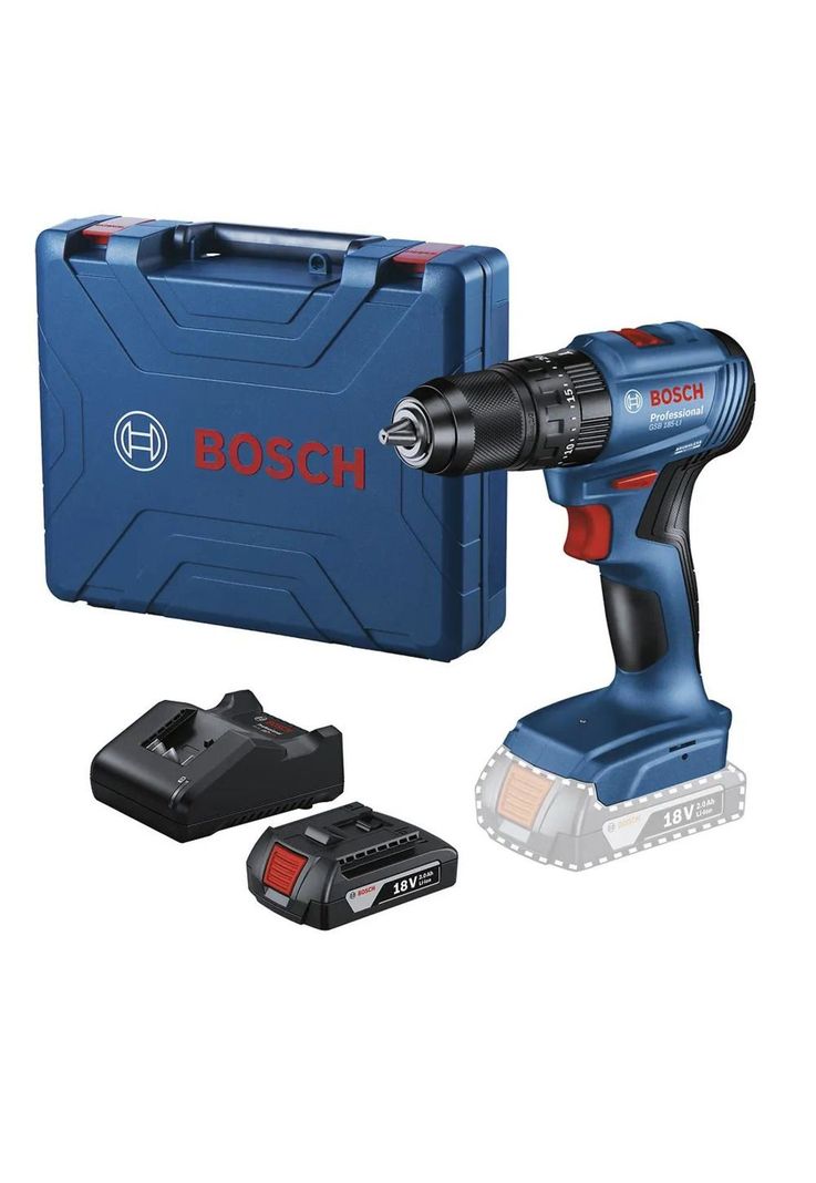 Taladro Percutor Bosch GSB 185 LI + 2 Bat 2.0 Ah + Carg 2.0 Ah + 23 Acc-0