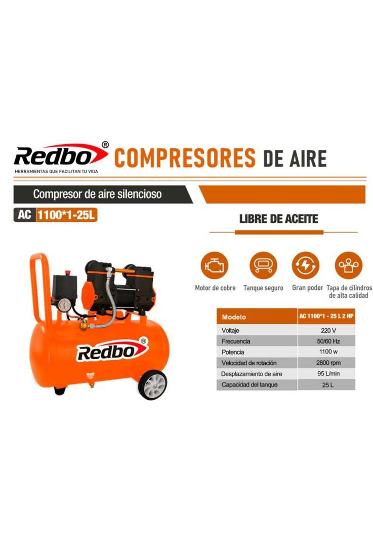 COMPRESOR REDBO AC 110*1-25L SIN ACEITE 25LT - 2HP-3