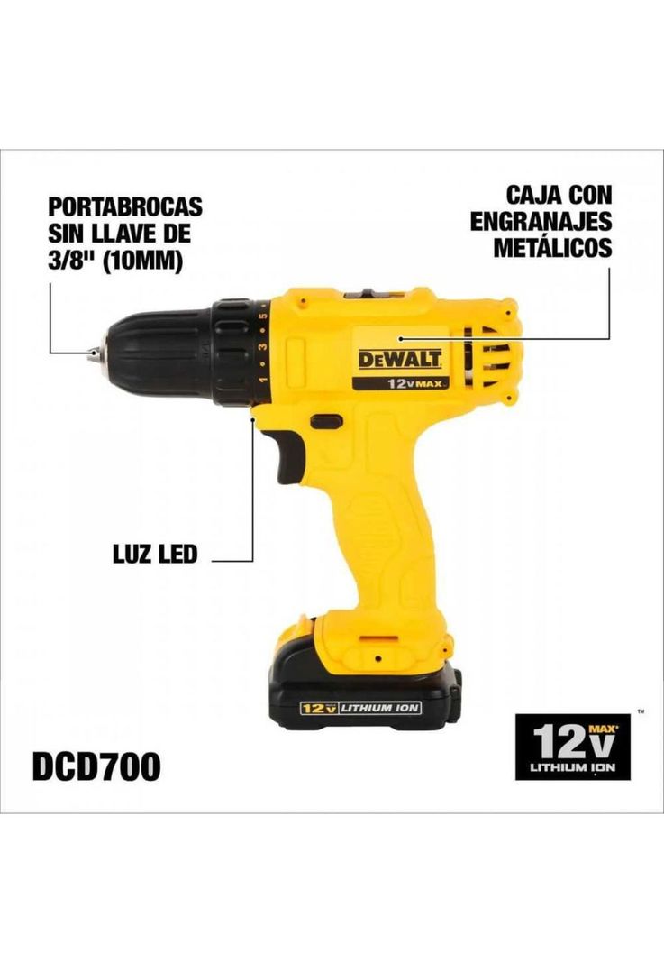 KIT DEWALT DCD700LC1 -KIT  TALADRO ROTACION 12V + BAT. 1.3AH + ACC. DWMTC15 + MALETÍN 15L-2