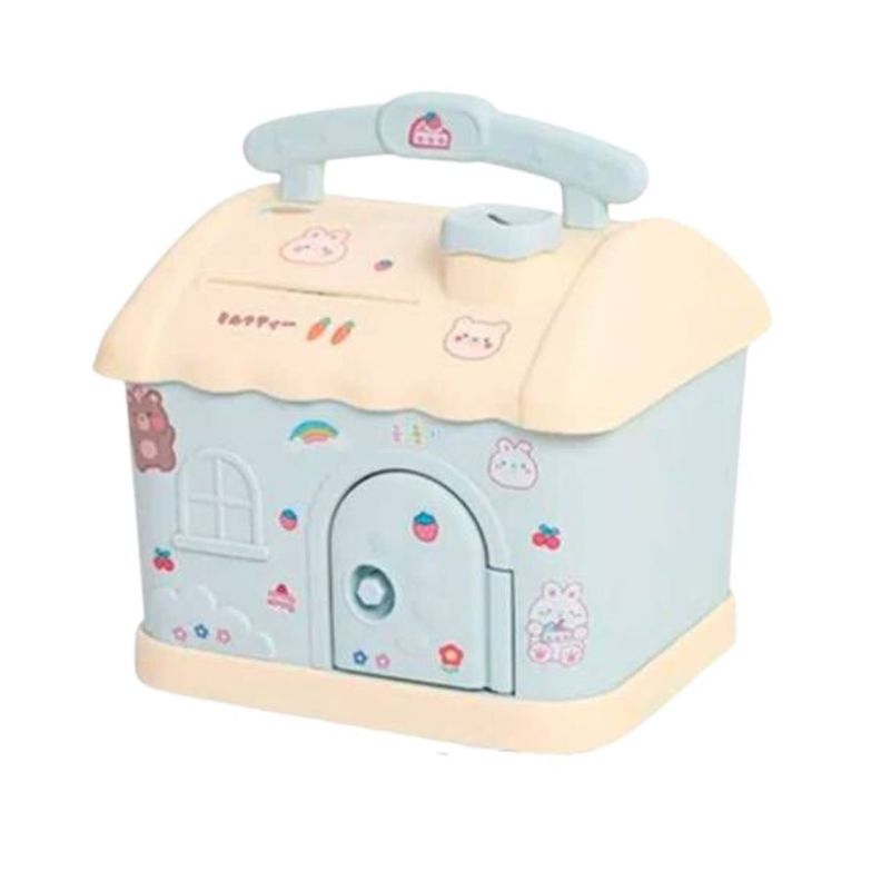 Mini Alcancia Caja Fuerte Casita de Ahorro para Niños Azul-0