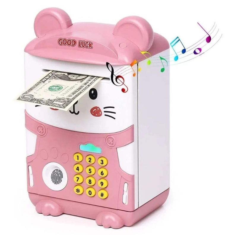 Alcancía Electrónica Huella Digital Y Sonido Gato Rosado-1