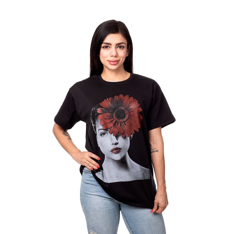 POLERA MUJER OVERSIZE ESTAMPADO RED FLOWER NEGRO SIGEL-0
