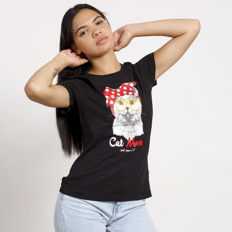 POLERA MANGA CORTA NEGRA ESTAMPADO GATITA-2