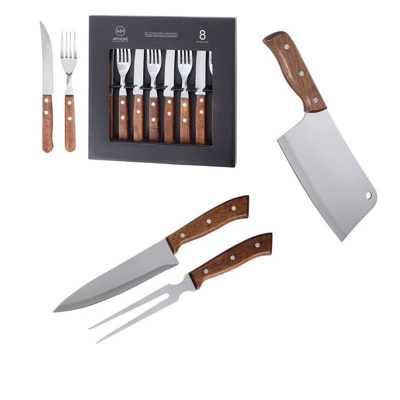 Set Parrillero 11 Piezas Arthome Acero Inoxidable con Hacha, Cuchillos y Tenedor