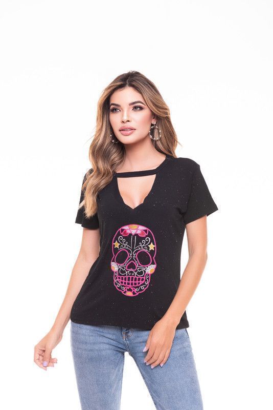POLERA CHOKER BORDADA SKULL BLACK RC-2-0