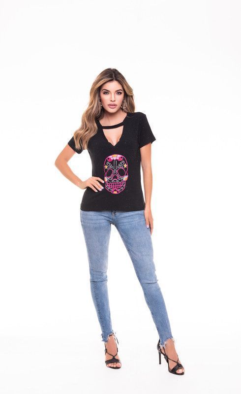 POLERA CHOKER BORDADA SKULL BLACK RC-2-1