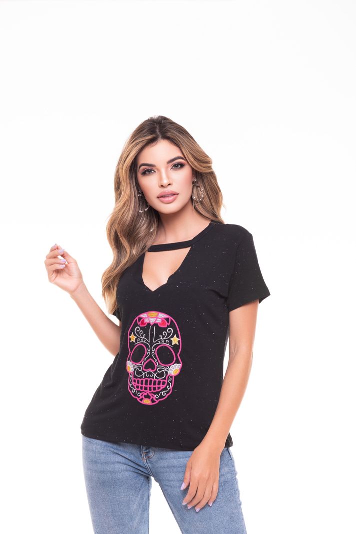 POLERA CHOKER BORDADA SKULL BLACK RC-2-3