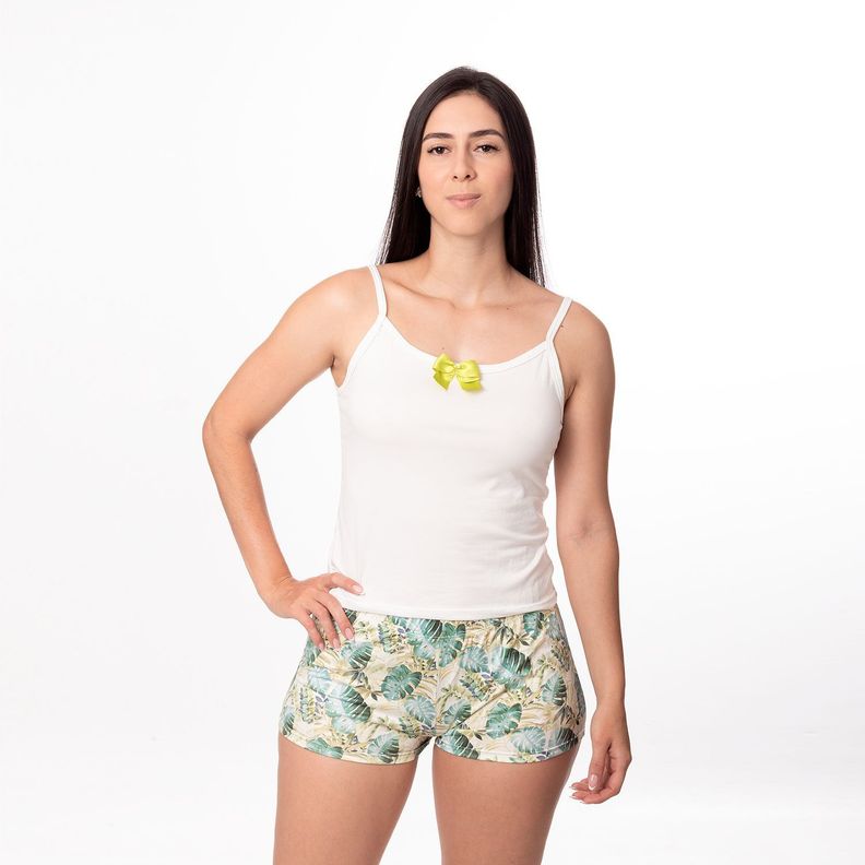 PIJAMA MUJER DULCE DESCANSO SHORT HOJAS VERDES + POLERA BLANCA-1