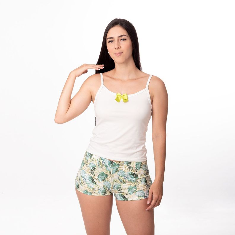PIJAMA MUJER DULCE DESCANSO SHORT HOJAS VERDES + POLERA BLANCA-2