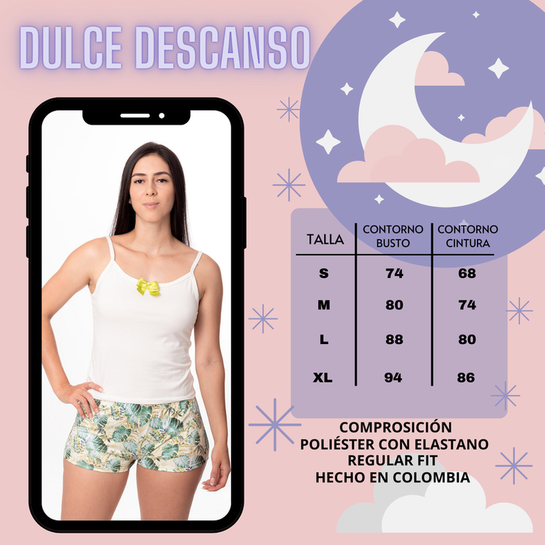 PIJAMA MUJER DULCE DESCANSO SHORT HOJAS VERDES + POLERA BLANCA-3