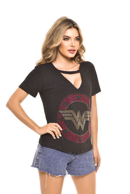 POLERA CHOKER PEDRERIA WONDER WOMAN BLACK RC11-2