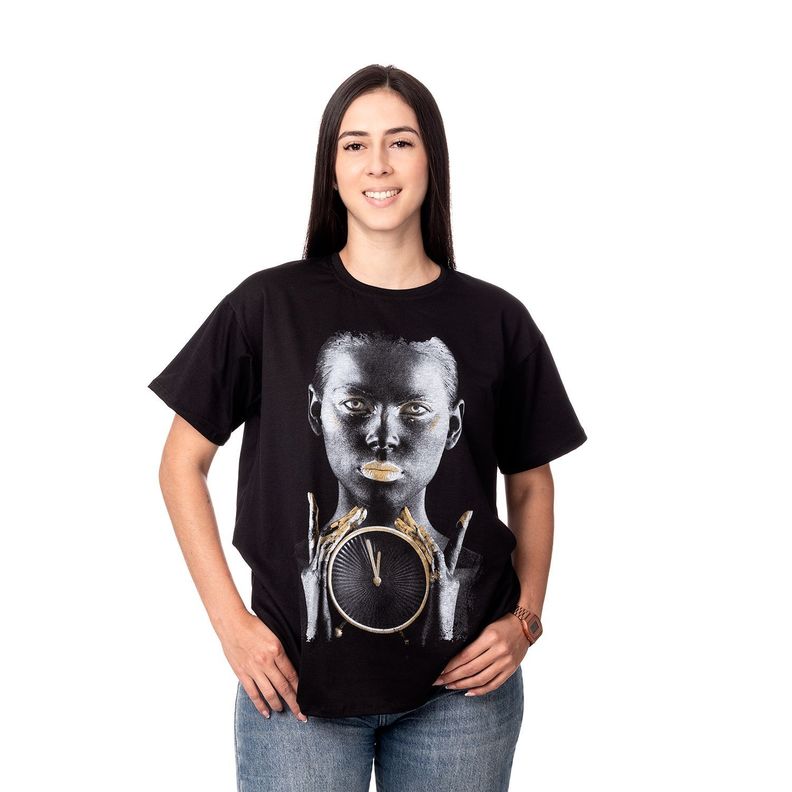 POLERA MUJER OVERSIZE ESTAMPADO GOLDEN CLOCK NEGRO SIGEL-2