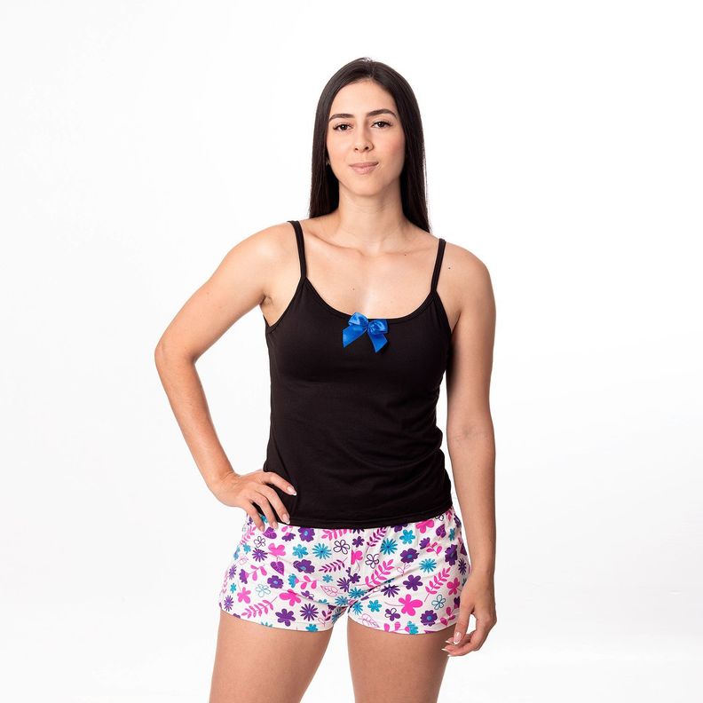 PIJAMA MUJER DULCE DESCANSO SHORT FLORES MORADAS + POLERA NEGRA -0