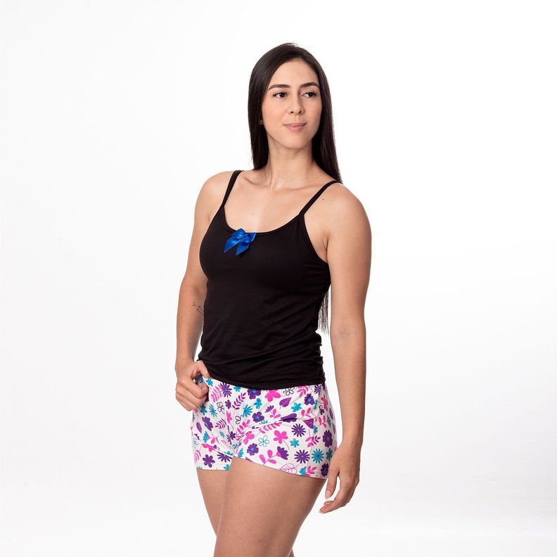 PIJAMA MUJER DULCE DESCANSO SHORT FLORES MORADAS + POLERA NEGRA -1