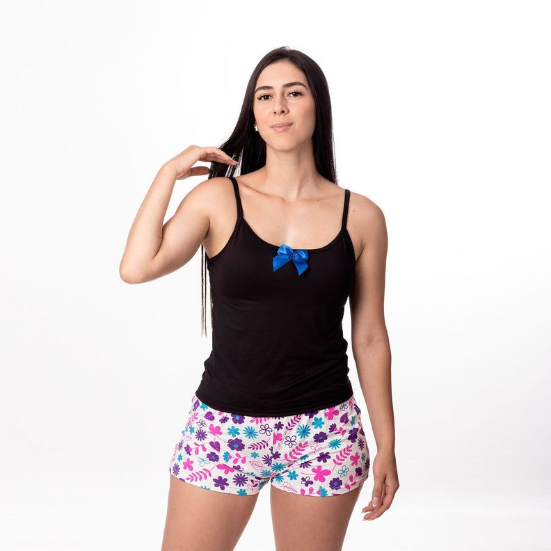 PIJAMA MUJER DULCE DESCANSO SHORT FLORES MORADAS + POLERA NEGRA -2