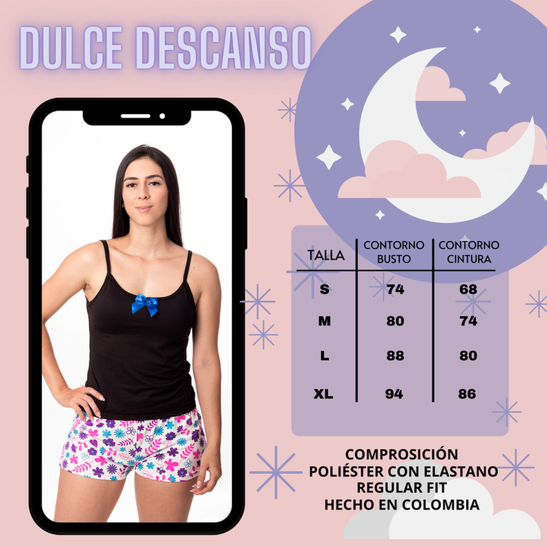 PIJAMA MUJER DULCE DESCANSO SHORT FLORES MORADAS + POLERA NEGRA -3