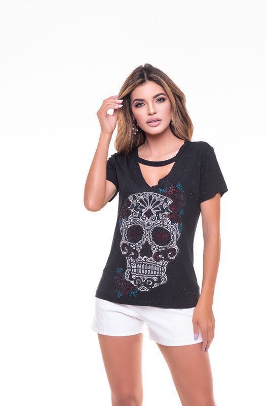 POLERA CHOKER PEDRERIA WOMAN SKULL BLACK RC-12-0